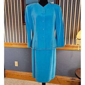 M.X.I. Vintage Blue 100% Silk Skirt Suit Set Size 10